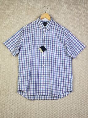 TailorByrd Shirt Mens Large Short Sleeve Button Down White Red Blue Square NWT